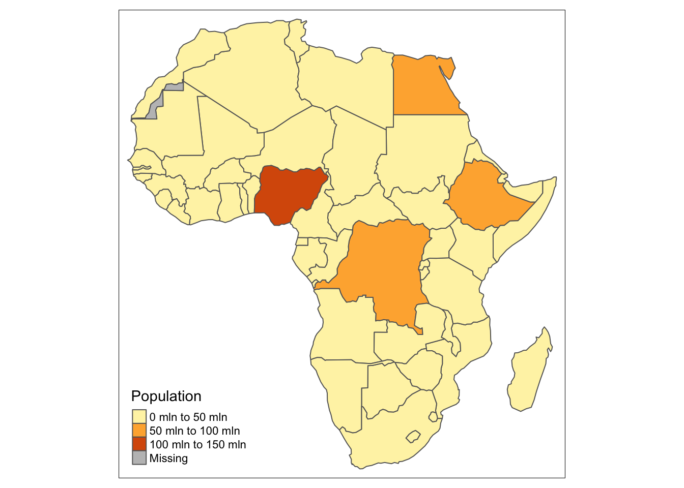 A map of African population with default breaks settings.