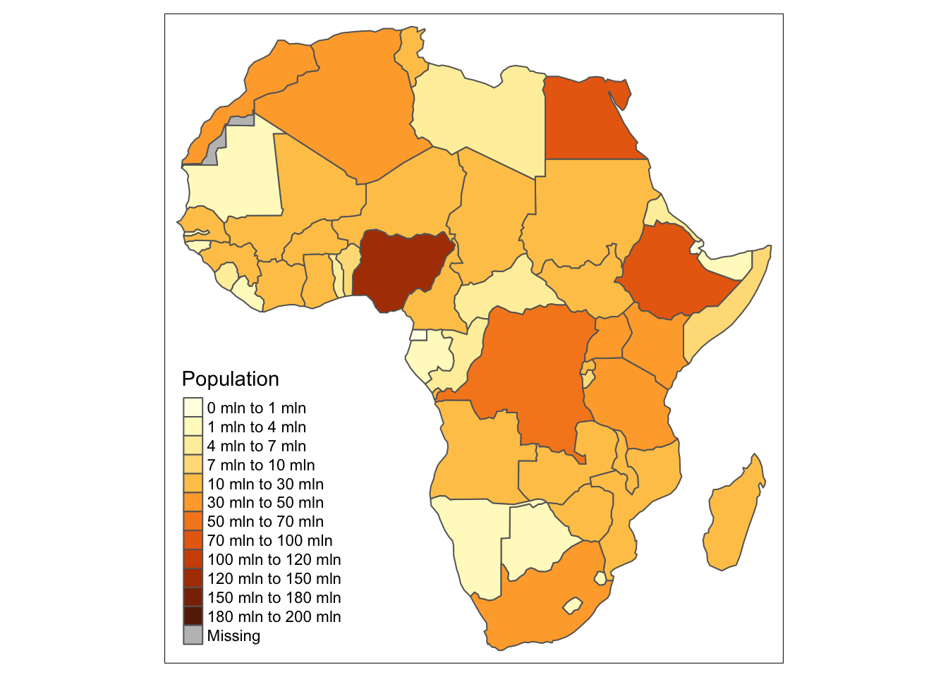 A map of African population with customised breaks settings.