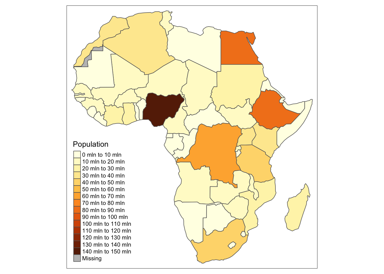 A map of African population with bins for breaks settings.