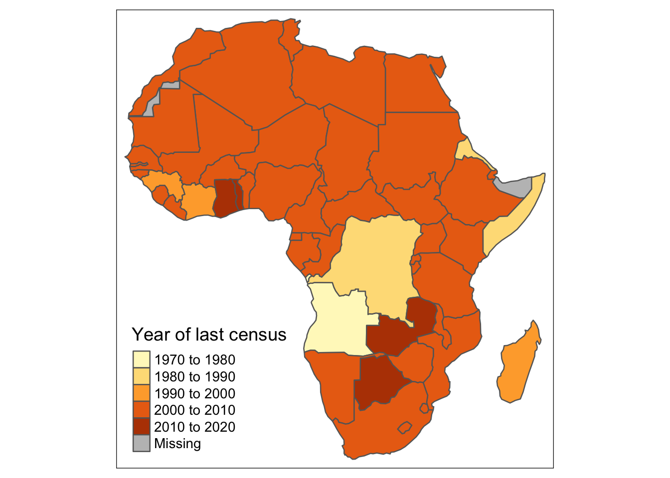 Basic map without labels (left) and map with added country names and formatted legend years (right).