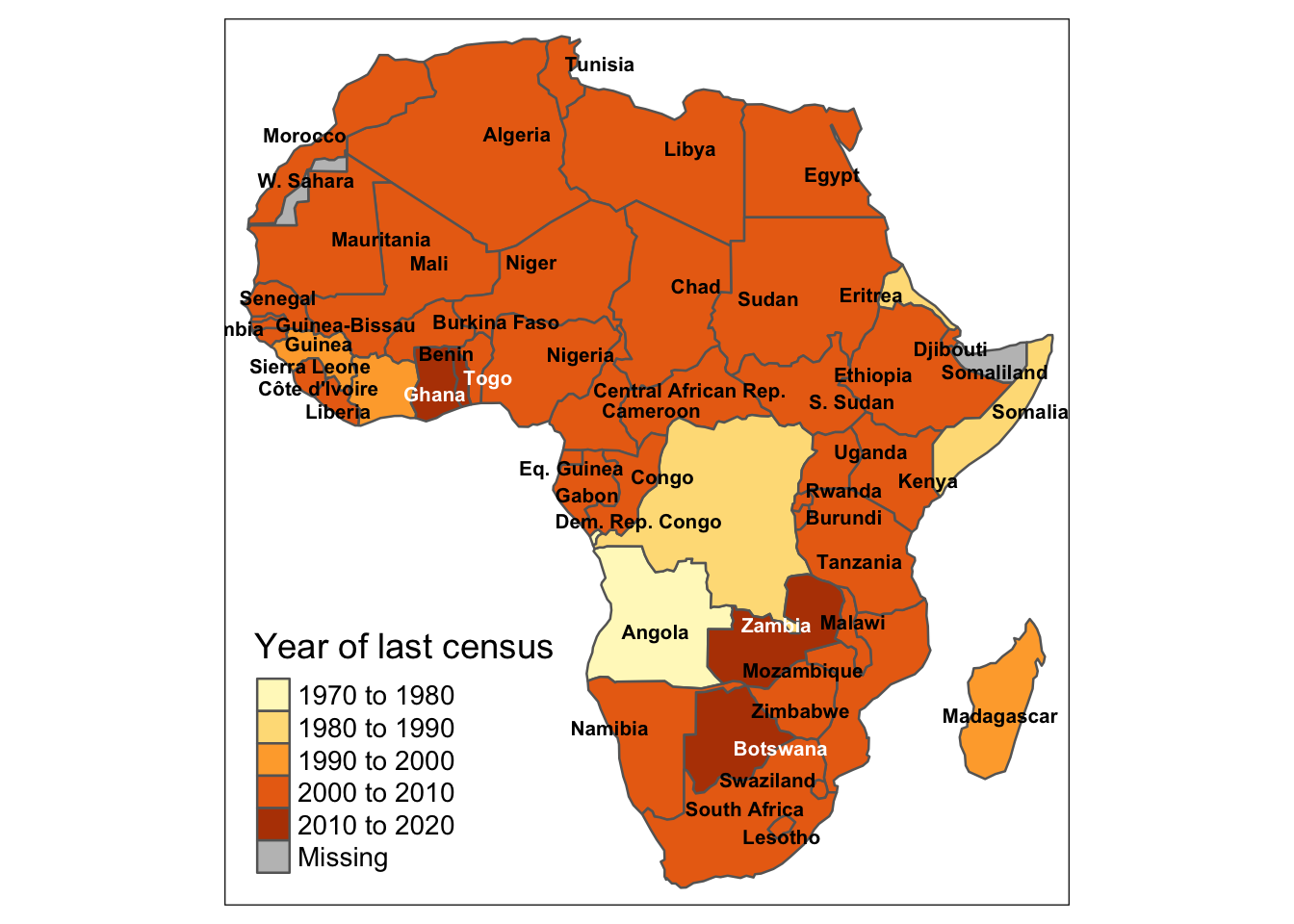 Basic map without labels (left) and map with added country names and formatted legend years (right).