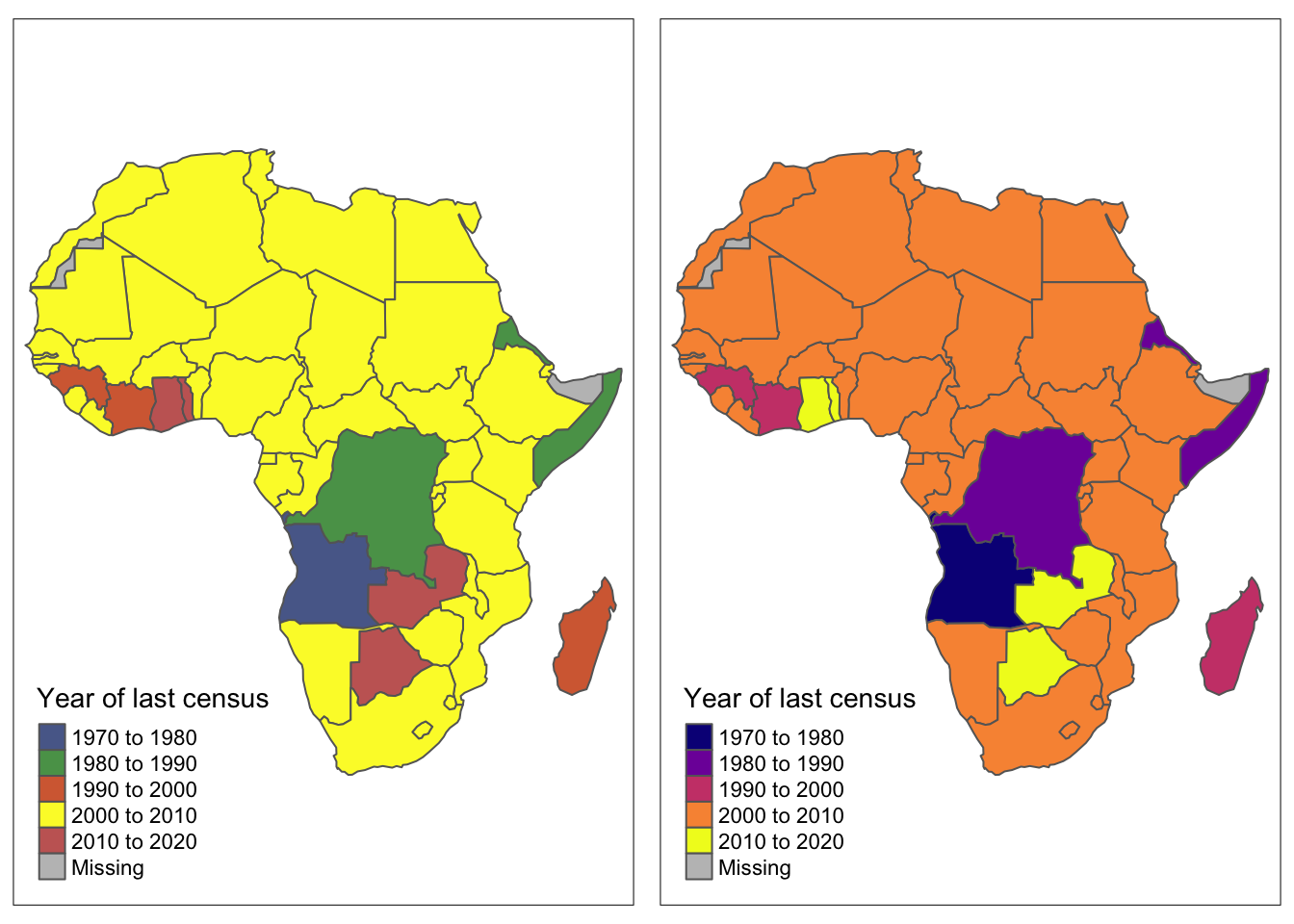 Maps of Africa using different pallete options.