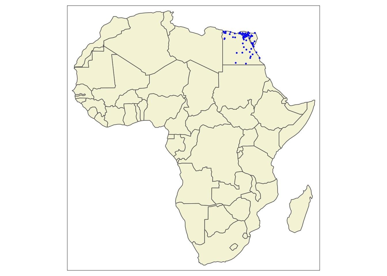 A single country airports (Egypt) visualised on a basemap.