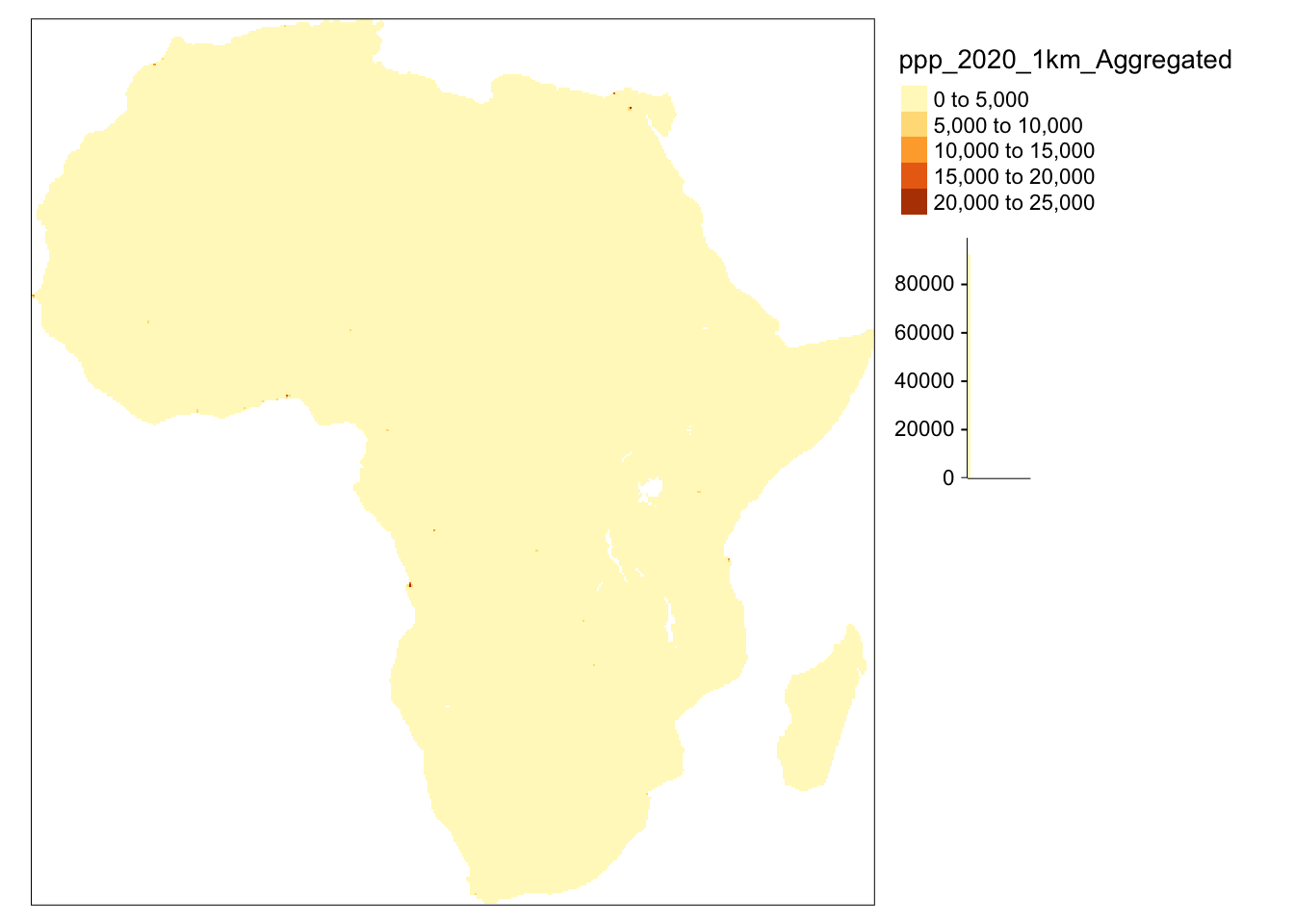 A map of African population with raster data, using default breaks settings.