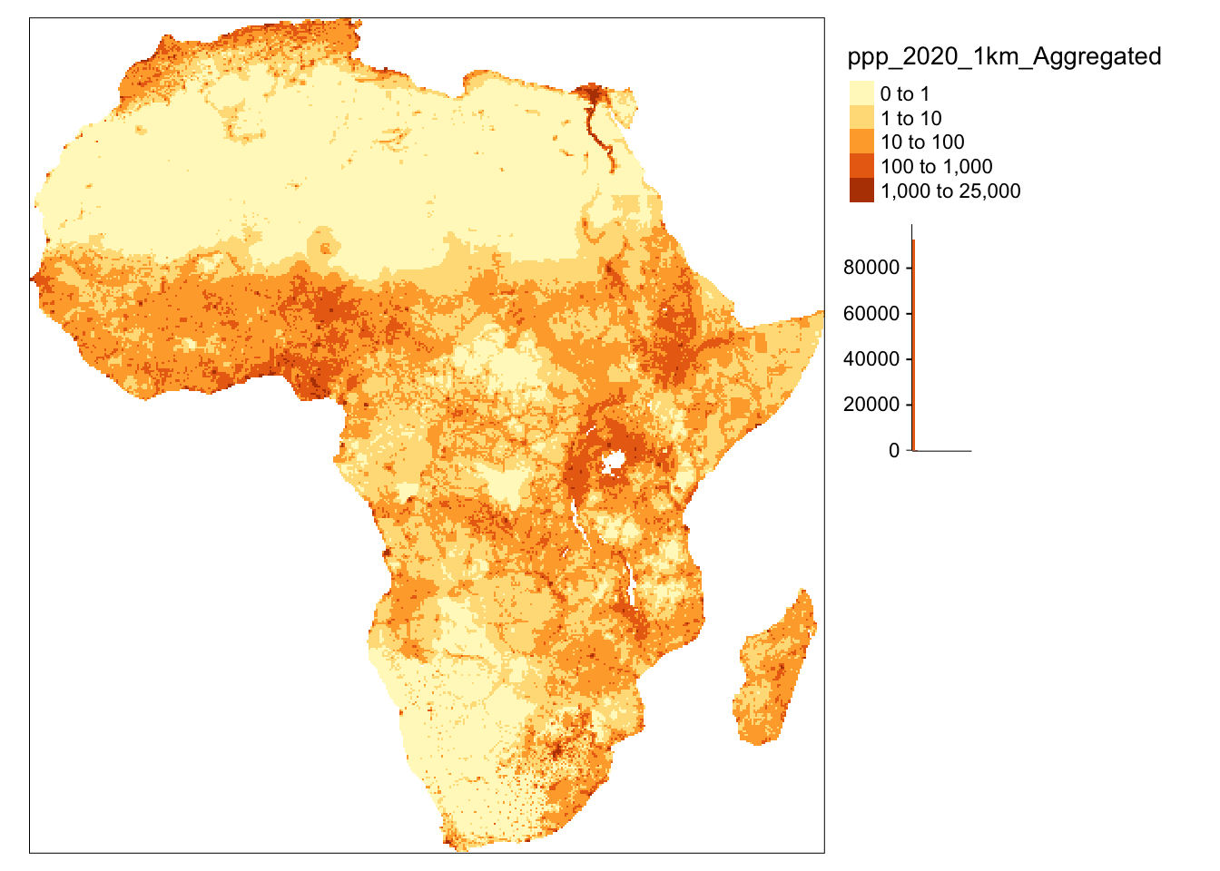 A map of African population with raster data, using customised breaks settings.