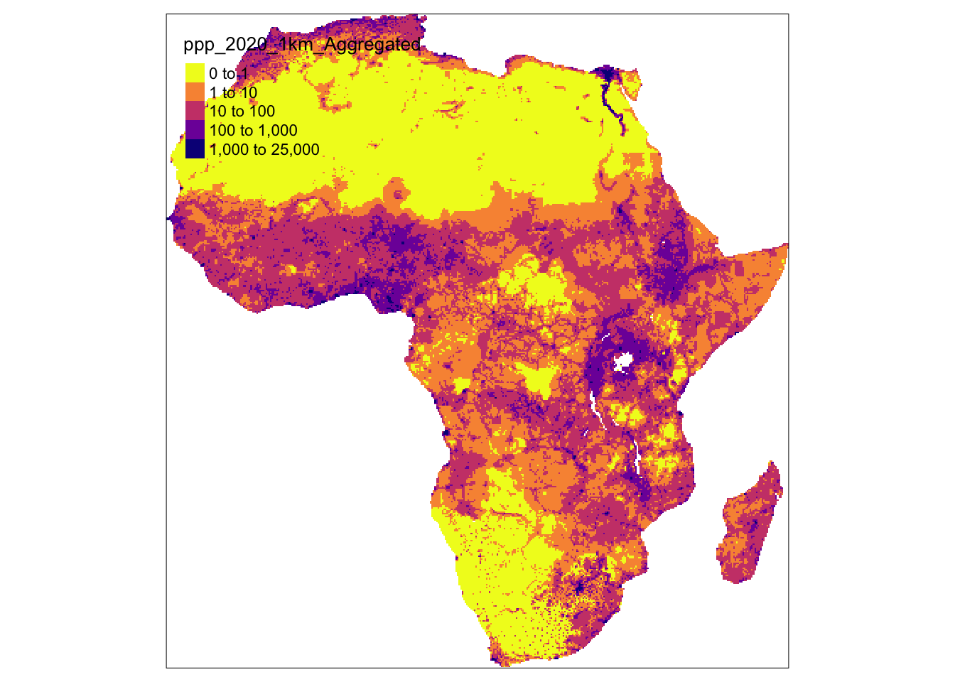 A map of African population with raster data, using customised palette.